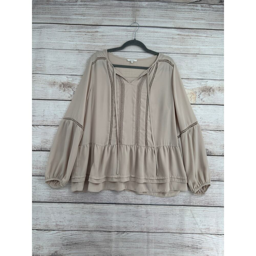 Pleione Crochet Accent Peplum‎ Blouse Womens Large Tan Beige Tie Neck